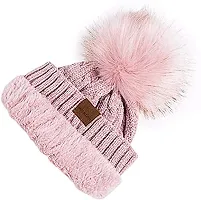JEFFY Girl's & Women Winter Pompom Beanie Hat with Warm Fleece Lined, Thick Slouchy Snow Knit Skull Ski Cap Pink Colour-thumb4
