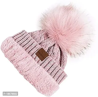 JEFFY Girl's & Women Winter Pompom Beanie Hat with Warm Fleece Lined, Thick Slouchy Snow Knit Skull Ski Cap Pink Colour-thumb5