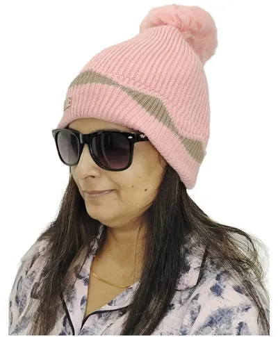 JEFFY Girl's & Women Winter Pompom Beanie Hat with Warm Fleece Lined, Thick Slouchy Snow Knit Skull Ski Cap Pink Colour