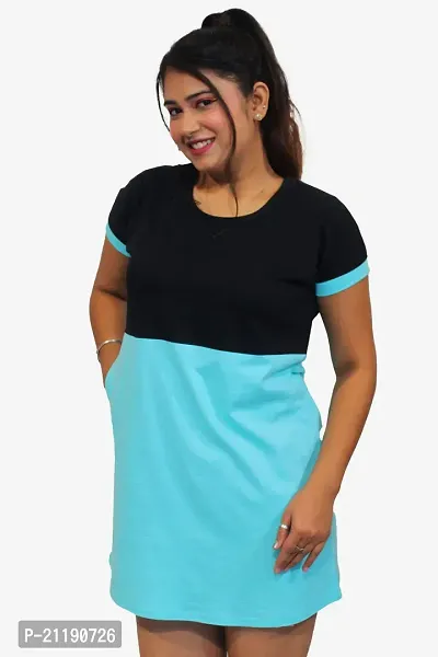 Pinkshell Women?s/Ladies/Girls Long Two Colour Polo T-Shirt,Round Neck Regular Fit/Side Slit/Cotton Long Polo,Half Sleeves T-Shirt Solid/Night Wear Long,Cotton Top,T-Shirt Plus Size (3XL, Blue)-thumb3