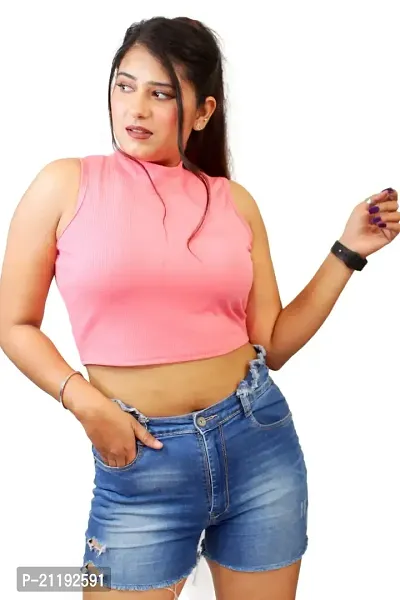 PINKSHELL HIGH Neck Ribbed Short Crop top (XL, Pink)