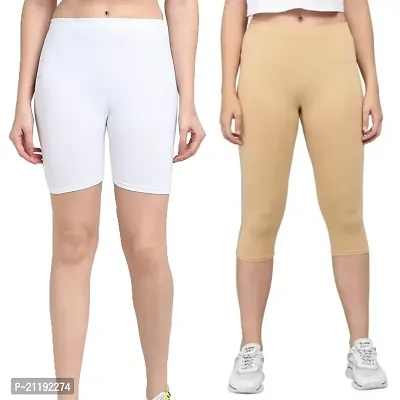 Pinkshell Plain Capri and Short Combo for Women Calf Length Capri Active Workout Running Trendy Cotton Lycra Capri and Slim fit Cycling Yoga Shorts (3XL, Beige(C)/White(S))