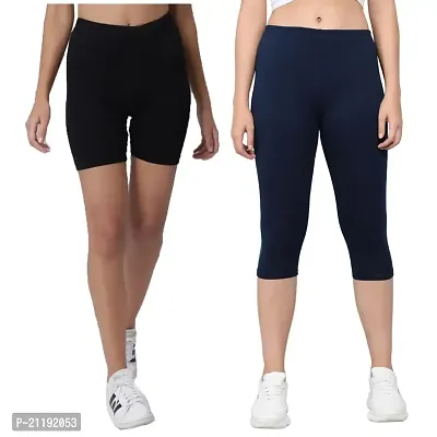 Pinkshell Plain Capri and Short Combo for Women Calf Length Capri Active Workout Running Trendy Cotton Lycra Capri and Slim fit Cycling Yoga Shorts (5XL, Navy(C)/Black(S))
