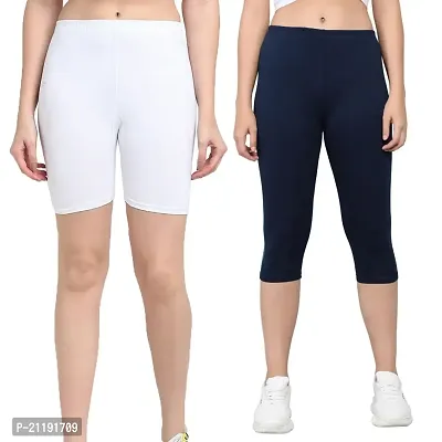 Pinkshell Plain Capri and Short Combo for Women Calf Length Capri Active Workout Running Trendy Cotton Lycra Capri and Slim fit Cycling Yoga Shorts (2XL, Navy(C)/White(S))-thumb0