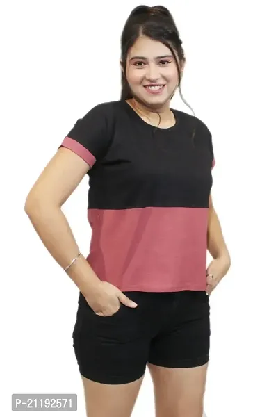 Pinkshell Women?s/Ladies/Girls Black Panel Crop top/Round Neck/Regular Fit T-Shirt, Half Sleeves Solid Crop top,Cotton Top, Cotton T-Shirt Plus Size Crop (3XL, Rosewood)-thumb5