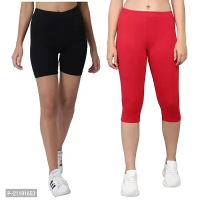 Pinkshell Plain Capri and Short Combo for Women Calf Length Capri Active Workout Running Trendy Cotton Lycra Capri and Slim fit Cycling Yoga Shorts (2XL, RED(C)/Black(S))