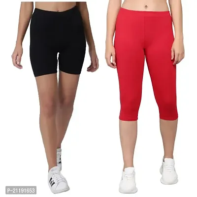 Pinkshell Plain Capri and Short Combo for Women Calf Length Capri Active Workout Running Trendy Cotton Lycra Capri and Slim fit Cycling Yoga Shorts (2XL, RED(C)/Black(S))-thumb0