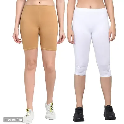 Pinkshell Plain Capri and Short Combo for Women Calf Length Capri Active Workout Running Trendy Cotton Lycra Capri and Slim fit Cycling Yoga Shorts (Medium, White(C)/Beige(S))