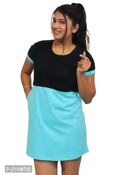 Pinkshell Women?s/Ladies/Girls Long Two Colour Polo T-Shirt,Round Neck Regular Fit/Side Slit/Cotton Long Polo,Half Sleeves T-Shirt Solid/Night Wear Long,Cotton Top,T-Shirt Plus Size (3XL, Blue)-thumb1