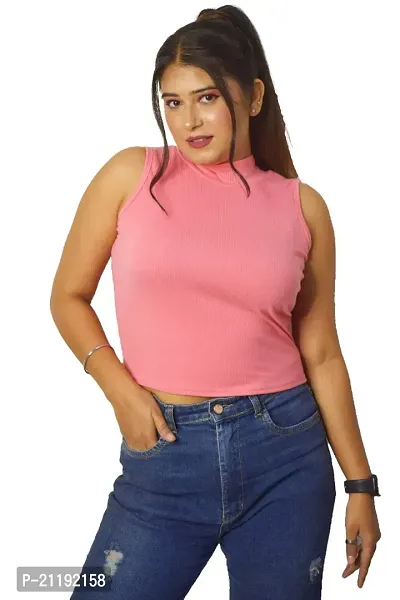 PINKSHELL Turtle Neck Ribbed Long Crop Top (M, Pink)-thumb5