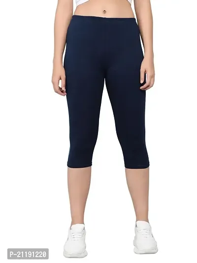 PINKSHELL Plain Capri for Women Calf Length Capri Active Workout Running Trendy Cotton Lycra Capri Slim fit Three Fourth Capri (3XL, Navy Blue)-thumb0