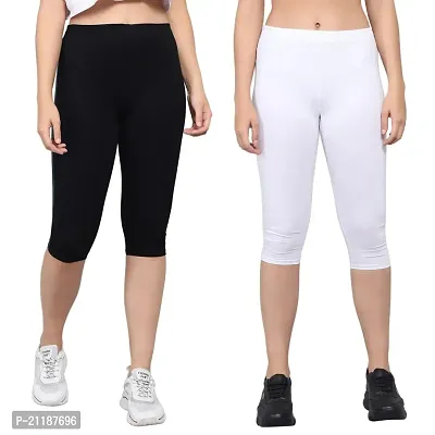 PINKSHELL Plain Capri Colour Combos for Women Calf Length Capri Active Workout Running Trendy Cotton Lycra Capri Slim fit Three Fourth Capri (Medium, Black/White)-thumb0