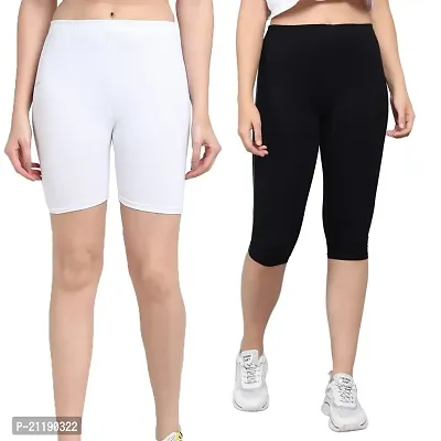 Pinkshell Plain Capri and Short Combo for Women Calf Length Capri Active Workout Running Trendy Cotton Lycra Capri and Slim fit Cycling Yoga Shorts (Large, Black(C)/White(S))