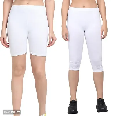 Pinkshell Plain Capri and Short Combo for Women Calf Length Capri Active Workout Running Trendy Cotton Lycra Capri and Slim fit Cycling Yoga Shorts (Small, White(c)/White(s))