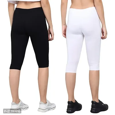 PINKSHELL Plain Capri Colour Combos for Women Calf Length Capri Active Workout Running Trendy Cotton Lycra Capri Slim fit Three Fourth Capri (Medium, Black/White)-thumb3