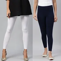 PINKSHELL Women?S Straight FIT Ankle Length Colour Combos Legging Elegant Women Solid Cotton Lycra Super Quality Ankle Length Legging Combo Leggings (Medium, White/Navy)-thumb1