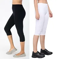 Pinkshell Plain Capri Combo for Women Calf Length Capri Active Workout Running Trendy Cotton Lycra Capri Slim fit Three Fourth Capri Combo Pack Combo?s of Capri?s (Medium, Black/White)-thumb1