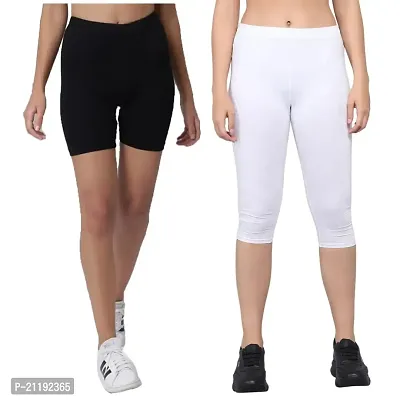 Pinkshell Plain Capri and Short Combo for Women Calf Length Capri Active Workout Running Trendy Cotton Lycra Capri and Slim fit Cycling Yoga Shorts (2XL, White(C)/Black(S))