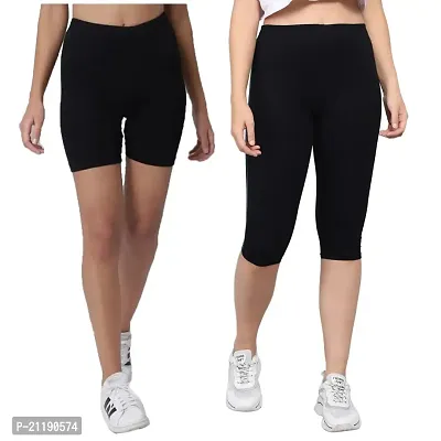 Pinkshell Plain Capri and Short Combo for Women Calf Length Capri Active Workout Running Trendy Cotton Lycra Capri and Slim fit Cycling Yoga Shorts (3XL, Black(C)/Black(S))-thumb0