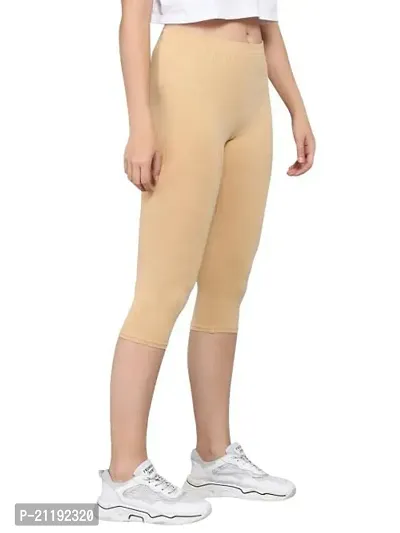 Pinkshell Plain Capri and Short Combo for Women Calf Length Capri Active Workout Running Trendy Cotton Lycra Capri and Slim fit Cycling Yoga Shorts (Medium, Beige(C)/White(S))-thumb4