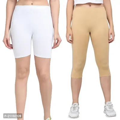 Pinkshell Plain Capri and Short Combo for Women Calf Length Capri Active Workout Running Trendy Cotton Lycra Capri and Slim fit Cycling Yoga Shorts (Medium, Beige(C)/White(S))