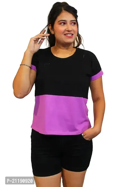 Pinkshell Women?s/Ladies/Girls Black Panel Crop top/Round Neck/Regular Fit T-Shirt, Half Sleeves Solid Crop top,Cotton Top, Cotton T-Shirt Plus Size Crop (2XL, Lavendar)-thumb3