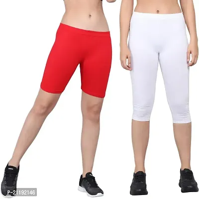 Pinkshell Plain Capri and Short Combo for Women Calf Length Capri Active Workout Running Trendy Cotton Lycra Capri and Slim fit Cycling Yoga Shorts (Medium, White(C)/RED(S))-thumb0