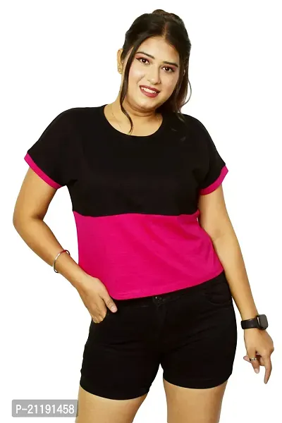 Pinkshell Women?s/Ladies/Girls Black Panel Crop top/Round Neck/Regular Fit T-Shirt, Half Sleeves Solid Crop top,Cotton Top, Cotton T-Shirt Plus Size Crop (3XL, Magenta)-thumb4