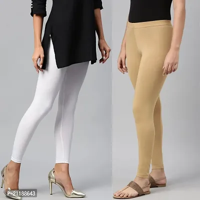 PINKSHELL Women?S Straight FIT Ankle Length Legging Colour Combos Elegant Women Solid Cotton Lycra Super Quality Ankle Length Legging (Small, White/Beige)-thumb3