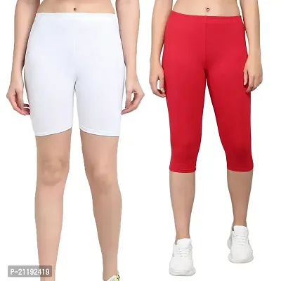 Pinkshell Plain Capri and Short Combo for Women Calf Length Capri Active Workout Running Trendy Cotton Lycra Capri and Slim fit Cycling Yoga Shorts (Small, RED(C)/White(S))-thumb0