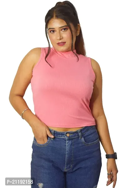 PINKSHELL Turtle Neck Ribbed Long Crop Top (M, Pink)-thumb6