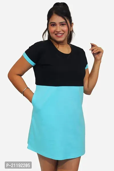 Pinkshell Women?s/Ladies/Girls Long Two Colour Polo Round Neck Regular Fit/Side Slit/Half Sleeves Solid Different Color/Dress Night Wear Long Cotton Top, T-Shirt Plus Size (8XL, Blue)-thumb3