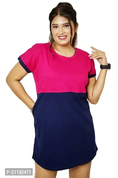 Pinkshell Women?s/Ladies/Girls Long Black Panel Polo Round Neck Regular Fit/Side Slit/Half Sleeves Solid Different Color/Dress Night Wear Long Cotton Top, T-Shirt Plus Size (8XL, Navy Blue)