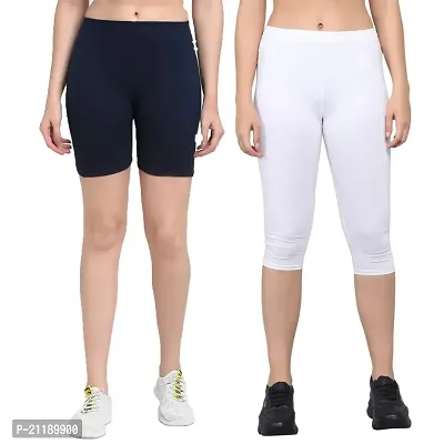 Pinkshell Plain Capri and Short Combo for Women Calf Length Capri Active Workout Running Trendy Cotton Lycra Capri and Slim fit Cycling Yoga Shorts (6XL, White(C)/Navy(S))-thumb0