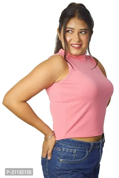 PINKSHELL Turtle Neck Ribbed Long Crop Top (M, Pink)-thumb3