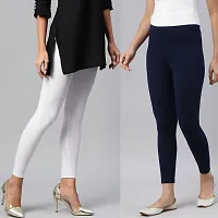 PINKSHELL Women?S Straight FIT Ankle Length Colour Combos Legging Elegant Women Solid Cotton Lycra Super Quality Ankle Length Legging Combo Leggings (Medium, White/Navy)-thumb2