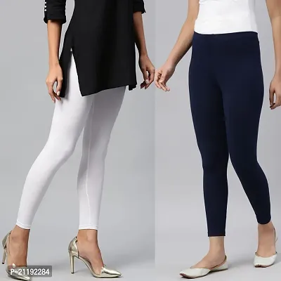 PINKSHELL Women?S Straight FIT Ankle Length Colour Combos Legging Elegant Women Solid Cotton Lycra Super Quality Ankle Length Legging Combo Leggings (Medium, White/Navy)-thumb3