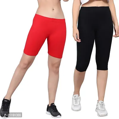 Pinkshell Plain Capri and Short Combo for Women Calf Length Capri Active Workout Running Trendy Cotton Lycra Capri and Slim fit Cycling Yoga Shorts (6XL, Black(C)/RED(S))