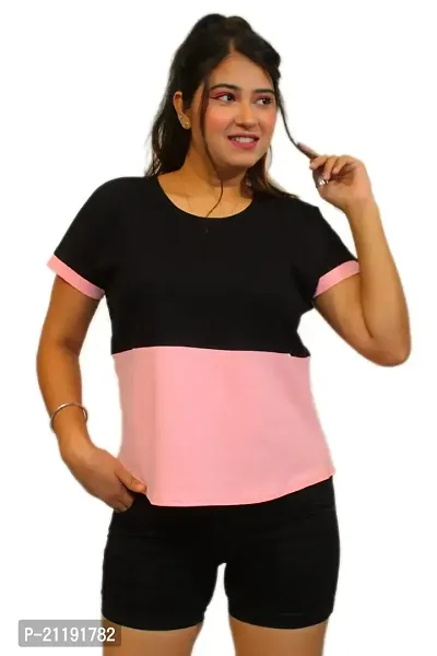 Pinkshell Women?s/Ladies/Girls Black Panel Crop top/Round Neck/Regular Fit T-Shirt, Half Sleeves Solid Crop top,Cotton Top, Cotton T-Shirt Plus Size Crop (4XL, Pink)-thumb2