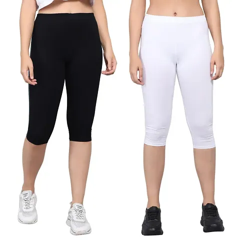 PINKSHELL Plain Capri Colour Combos for Women Calf Length Capri Active Workout Running Trendy Lycra Capri Slim fit Three Fourth Capri (Medium, Black/White)