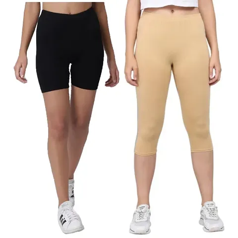 Pinkshell Plain Capri and Short Combo for Women Calf Length Capri Active Workout Running Trendy Lycra Capri and Slim fit Cycling Yoga Shorts (Large, Beige(C)/Black(S))