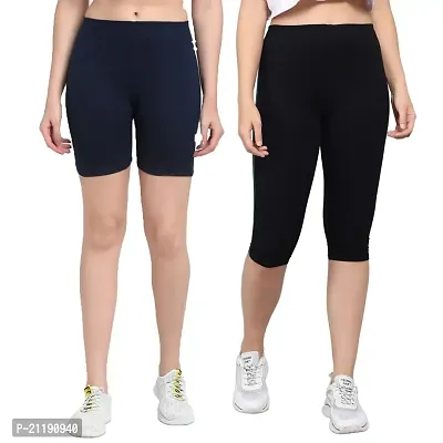 Pinkshell Plain Capri and Short Combo for Women Calf Length Capri Active Workout Running Trendy Cotton Lycra Capri and Slim fit Cycling Yoga Shorts (3XL, Black(C)/Navy(S))