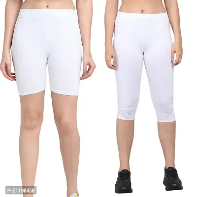 Pinkshell Plain Capri and Short Combo for Women Calf Length Capri Active Workout Running Trendy Cotton Lycra Capri and Slim fit Cycling Yoga Shorts (5XL, White(C)/White(S))