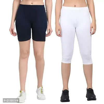 Pinkshell Plain Capri and Short Combo for Women Calf Length Capri Active Workout Running Trendy Cotton Lycra Capri and Slim fit Cycling Yoga Shorts (Large, White(C)/Navy(S))