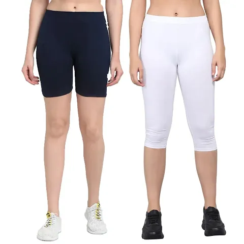 Pinkshell Plain Capri and Short Combo for Women Calf Length Capri Active Workout Running Trendy Lycra Capri and Slim fit Cycling Yoga Shorts (6XL, White(C)/Navy(S))