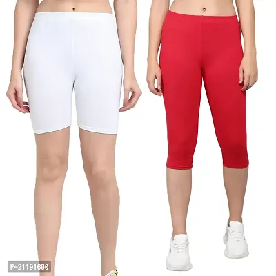 Pinkshell Plain Capri and Short Combo for Women Calf Length Capri Active Workout Running Trendy Cotton Lycra Capri and Slim fit Cycling Yoga Shorts (6XL, RED(C)/White(S))-thumb0