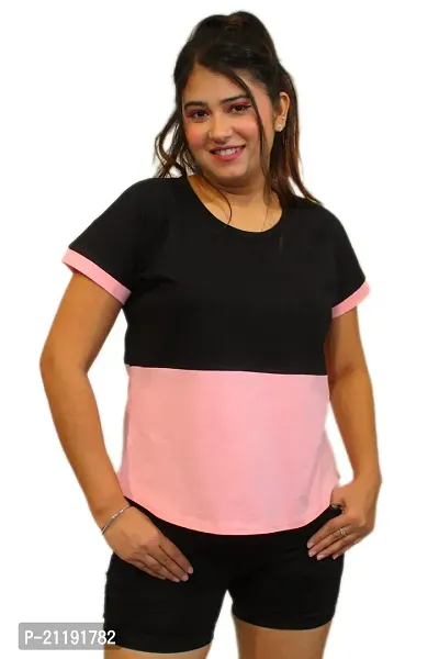 Pinkshell Women?s/Ladies/Girls Black Panel Crop top/Round Neck/Regular Fit T-Shirt, Half Sleeves Solid Crop top,Cotton Top, Cotton T-Shirt Plus Size Crop (4XL, Pink)-thumb0