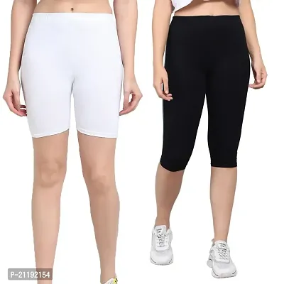 Pinkshell Plain Capri and Short Combo for Women Calf Length Capri Active Workout Running Trendy Cotton Lycra Capri and Slim fit Cycling Yoga Shorts (4XL, Black(C)/White(S))