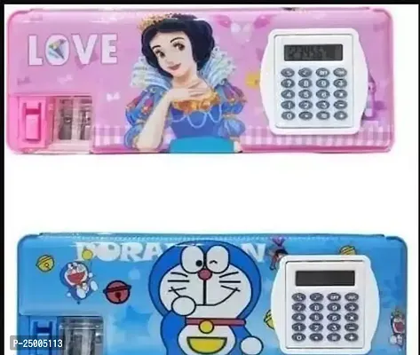 Premium Quality 2Pcs Calculator Geometry, Calci Geo, Dual Sharpener With Calculator Double Sided Stationary Box For Girls  Boys Art Plastic Pencil Box Pack Of 2