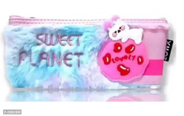 Hello Kitty Soft Fur Pouch Sweet Planet Art Canvas Pencil Box (Set of 1 Pink)-thumb0